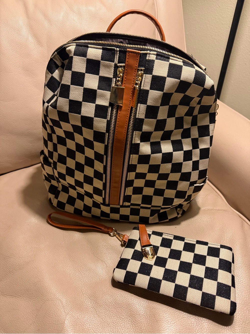 Checkerboard Canvas Backpack with Wristlet - Black & Cream